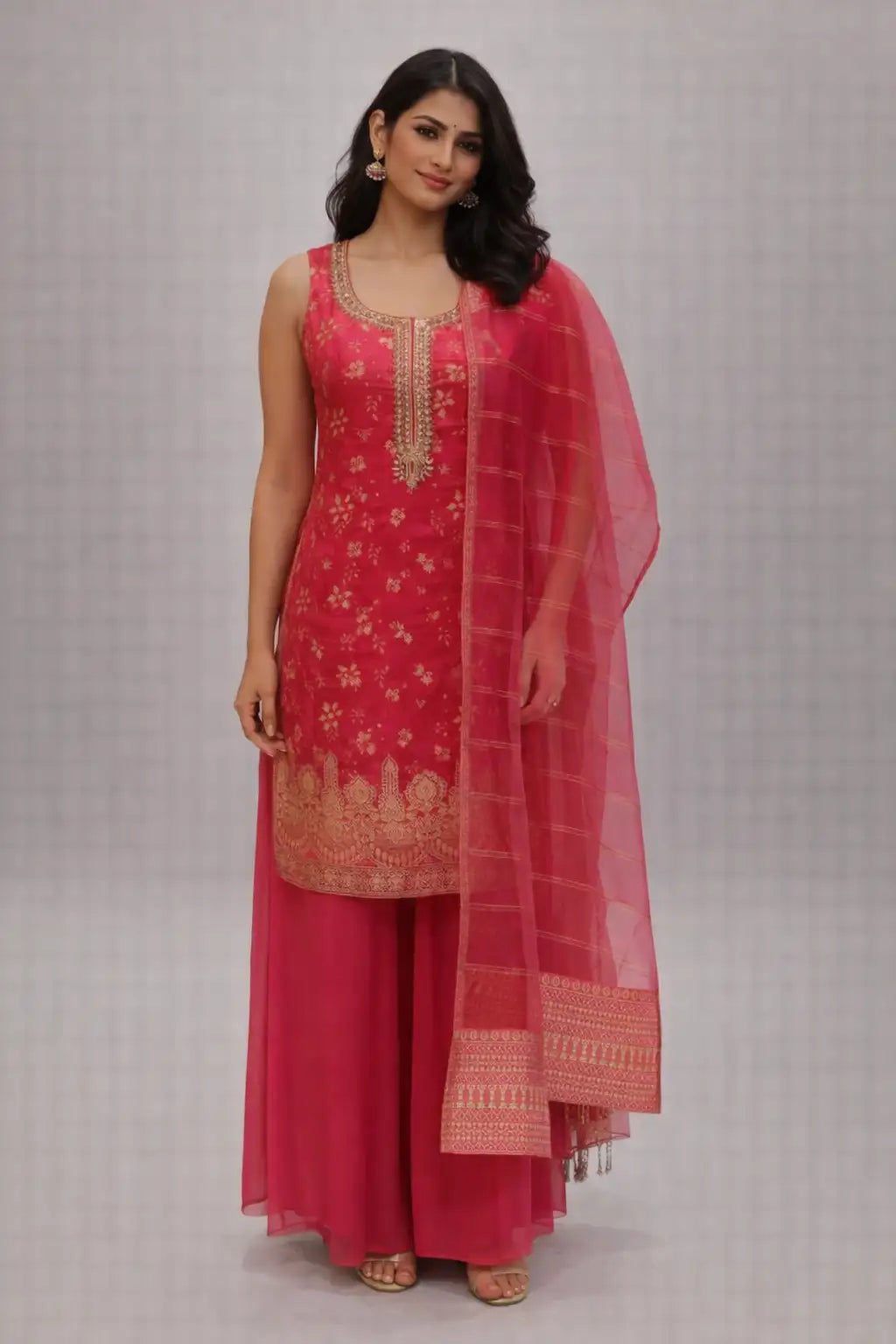 Pink Embroidered Kurta Sharara Set with Dupatta